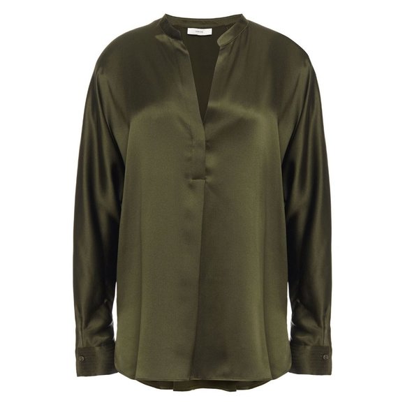 VINCE Olive Green Silk Charmeuse Split Neck Relaxed Tunic Blouse, Size S - Picture 3 of 15